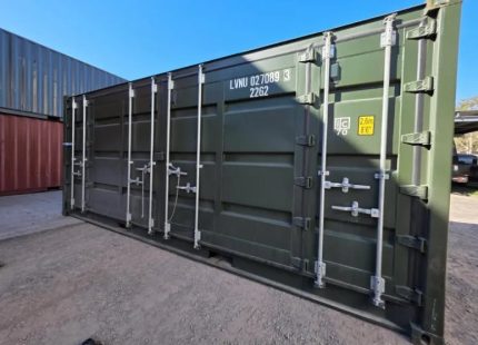 Contenedor marítimo 20 pies Open Side – verde militar (nuevo, primer viaje – acceso total)