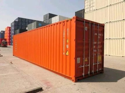 Contenedor marítimo 40 pies High Cube – naranja (nuevo, primer viaje – altura extra)