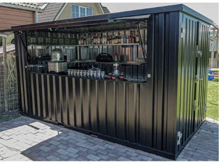 Bar contenedor desmontable 3x2 m – quiosco móvil «flat pack» de acero (acabado negro mate)
