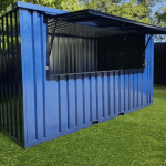 Bar contenedor desmontable XL 4x2 m – quiosco modular de acero galvanizado (flat pack para eventos)
