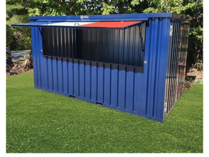 Bar contenedor desmontable XL 4x2 m – quiosco modular de acero galvanizado (flat pack para eventos)