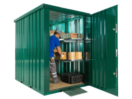 Contenedor de jardín 1,5 x 2,2 m – caja de acero galvanizado verde RAL 6005 (suelo y rampa incluidos)