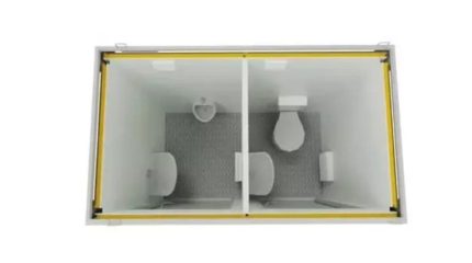 Contenedor sanitario doble 2,4×1,5 m – entradas separadas (WC + urinario) – aislamiento 100 mm