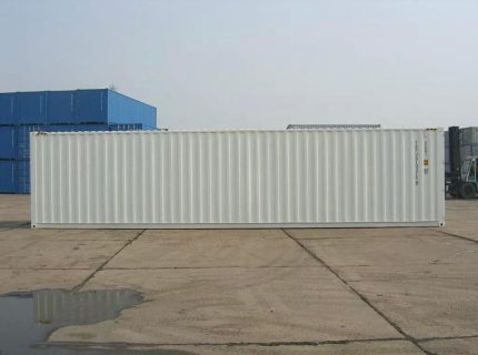 Contenedor 40 pies High Cube (HC) nuevo «primer viaje» – blanco (12 m x 2,90 m)